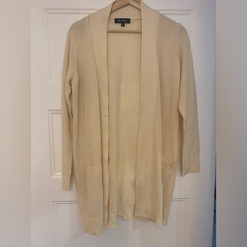 Lily Morgan Women’s Cream Open-Front Knit Cardigan, Size Small, Classic
